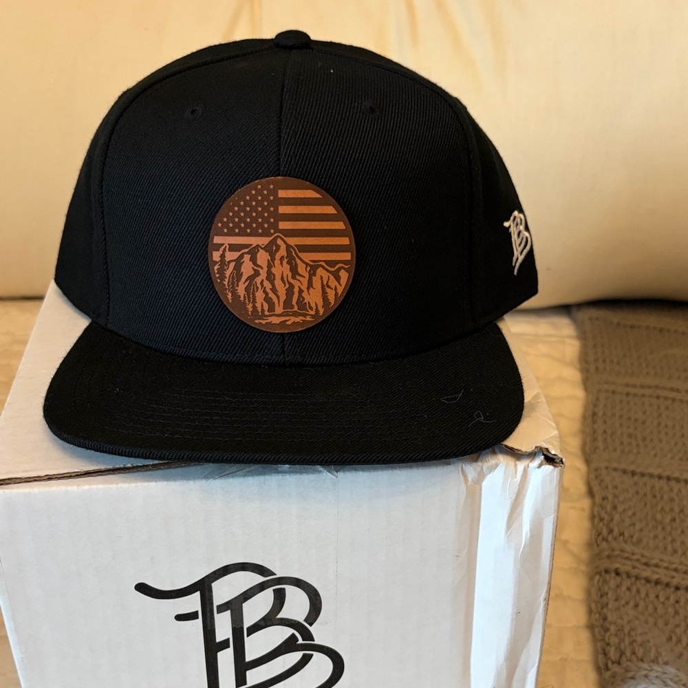 Branded Bills Black Flatbill with Brown USA mountains Patch